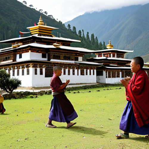 Home 22 **Prompt 1: Gross National Happiness in Daily Life**
"A vibrant scene depicting Gross National Happiness in Bhutan, with local Bhutanese people in traditional 'gho' and 'kira' amidst a serene, green landscape. Include elements like a Buddhist monastery, colorful prayer flags swaying in the breeze, families engaging in community activities, and children playing outdoors. The atmosphere should convey peace, contentment, and a harmonious balance between human life, culture, and nature. Emphasize warm light, authentic details, and a feeling of spiritual well-being."