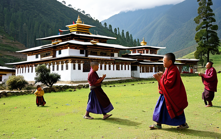 **Prompt 1: Gross National Happiness in Daily Life**
    "A vibrant scene depicting Gross National Happiness in Bhutan, with local Bhutanese people in traditional 'gho' and 'kira' amidst a serene, green landscape. Include elements like a Buddhist monastery, colorful prayer flags swaying in the breeze, families engaging in community activities, and children playing outdoors. The atmosphere should convey peace, contentment, and a harmonious balance between human life, culture, and nature. Emphasize warm light, authentic details, and a feeling of spiritual well-being."