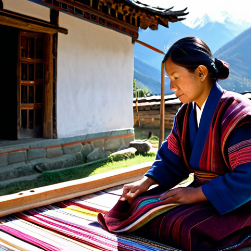 Home 21 **
"A Bhutanese woman, fully clothed in a traditional Kira with vibrant, naturally dyed patterns, is weaving on a wooden handloom in a sunlit courtyard. Mountains visible in the background. Safe for work, appropriate content, perfect anatomy, natural pose, well-formed hands, proper finger count, professional photography, high quality, modest, family-friendly."
**
