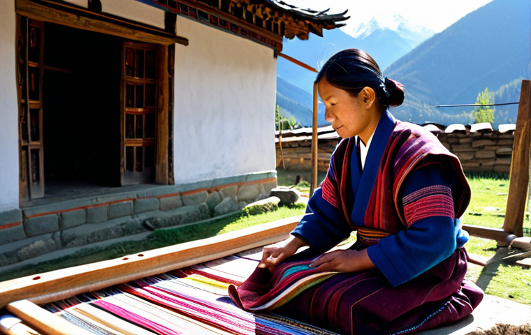 **

"A Bhutanese woman, fully clothed in a traditional Kira with vibrant, naturally dyed patterns, is weaving on a wooden handloom in a sunlit courtyard.  Mountains visible in the background.  Safe for work, appropriate content, perfect anatomy, natural pose, well-formed hands, proper finger count, professional photography, high quality, modest, family-friendly."

**