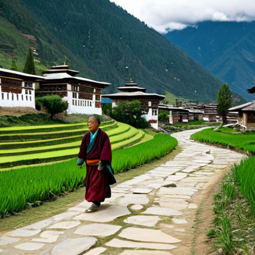 Home 20 Paro Valley Serenity**
"Lush green Paro Valley, Bhutan, with traditional Bhutanese houses scattered across the landscape, snow-capped mountains in the background, soft, diffused lighting, a sense of peace and tranquility, fully clothed figures in traditional dress walking along a path, safe for work, appropriate content, perfect anatomy, correct proportions, natural pose, professional, family-friendly, high quality."
**