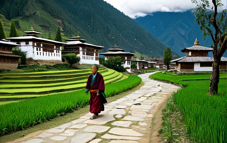 Paro Valley Serenity**

"Lush green Paro Valley, Bhutan, with traditional Bhutanese houses scattered across the landscape, snow-capped mountains in the background, soft, diffused lighting, a sense of peace and tranquility, fully clothed figures in traditional dress walking along a path, safe for work, appropriate content, perfect anatomy, correct proportions, natural pose, professional, family-friendly, high quality."

**