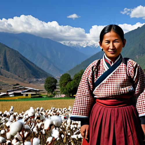 Home 11 "A Bhutanese woman in a Kira made of cotton, fully clothed in traditional attire, standing in a field with mountains in the background, safe for work, perfect anatomy, natural proportions, appropriate content, professional photography, high quality, family-friendly."