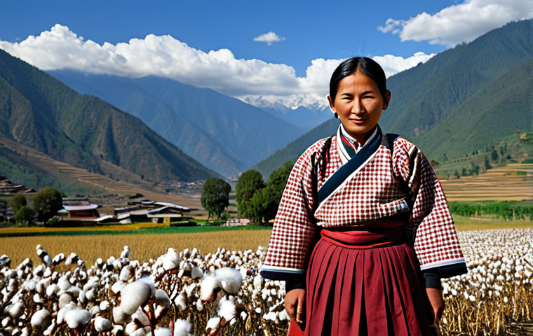 "A Bhutanese woman in a Kira made of cotton, fully clothed in traditional attire, standing in a field with mountains in the background, safe for work, perfect anatomy, natural proportions, appropriate content, professional photography, high quality, family-friendly."