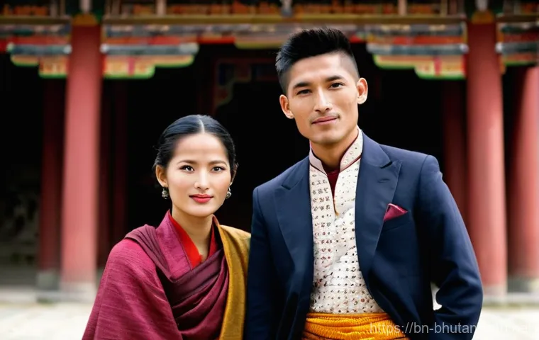 부탄에서 전통 의복 착용 체험 - **Vibrant Bhutanese Street Scene:** A bustling and colorful street scene in a Bhutanese town, such a...