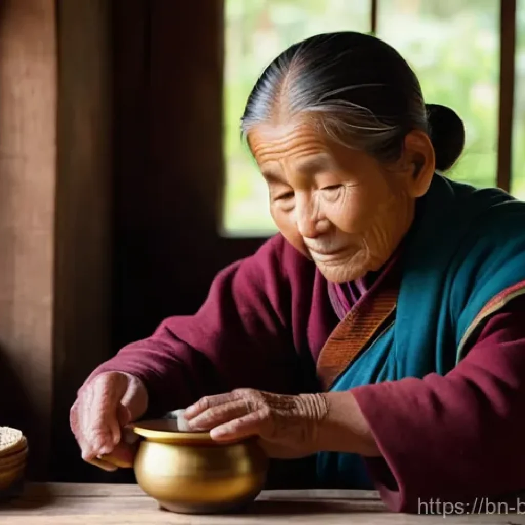 부탄 전통 소금 차 만드는 법 - A serene, close-up shot of an elderly Bhutanese woman, with kind eyes and traditional, modest clothi...