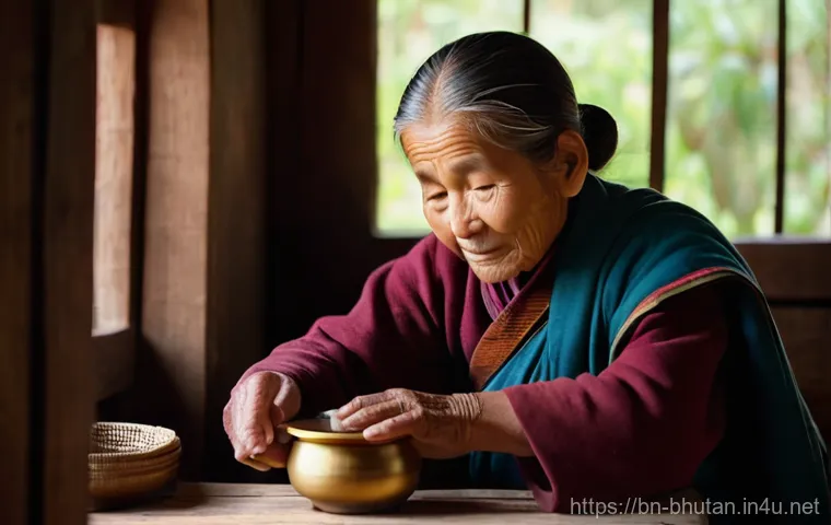 부탄 전통 소금 차 만드는 법 - A serene, close-up shot of an elderly Bhutanese woman, with kind eyes and traditional, modest clothi...
