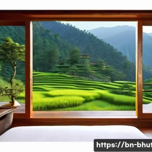 부탄의 차별화된 호텔 서비스 - A serene Bhutanese hotel nestled amidst lush green mountains and flowing rivers, designed with tradi...