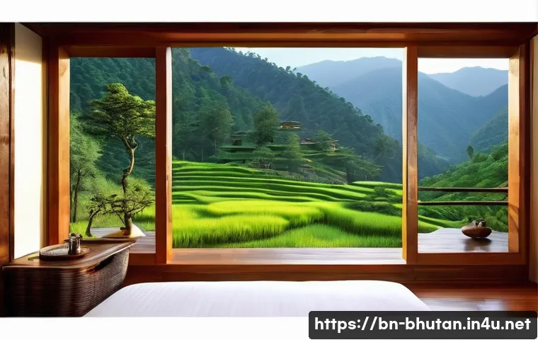 부탄의 차별화된 호텔 서비스 - A serene Bhutanese hotel nestled amidst lush green mountains and flowing rivers, designed with tradi...