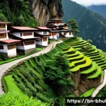 부탄 교통 시스템 - A narrow, winding mountain road in Bhutan during the monsoon season, showing steep slopes and landsl...