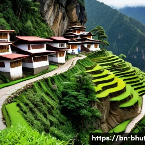 부탄 교통 시스템 - A narrow, winding mountain road in Bhutan during the monsoon season, showing steep slopes and landsl...