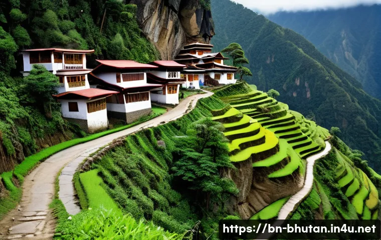 부탄 교통 시스템 - A narrow, winding mountain road in Bhutan during the monsoon season, showing steep slopes and landsl...