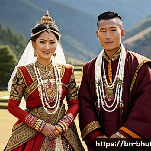 부탄 왕실 전통 혼례 - A majestic Bhutanese royal wedding scene showcasing the bride and groom dressed in traditional attir...