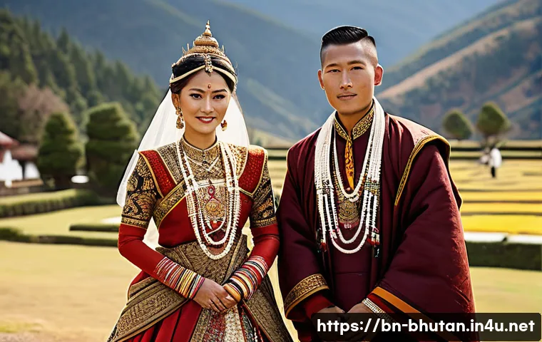 부탄 왕실 전통 혼례 - A majestic Bhutanese royal wedding scene showcasing the bride and groom dressed in traditional attir...