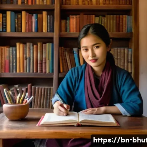 부탄의 현대 문학 - A vibrant Bhutanese literary festival scene showcasing diverse authors and readers engaging warmly i...