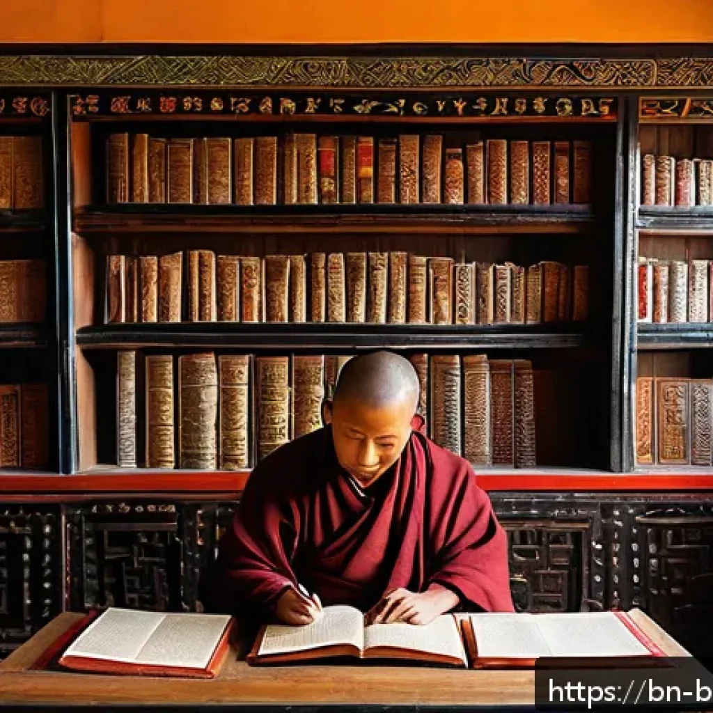 부탄의 국립 도서관 - An ancient Bhutanese library interior showcasing delicate, hand-written religious manuscripts with i...