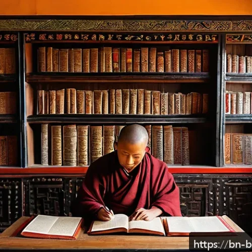 부탄의 국립 도서관 - An ancient Bhutanese library interior showcasing delicate, hand-written religious manuscripts with i...