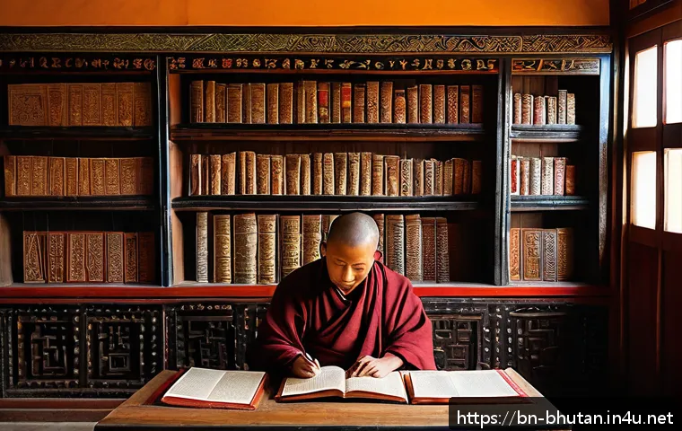 부탄의 국립 도서관 - An ancient Bhutanese library interior showcasing delicate, hand-written religious manuscripts with i...