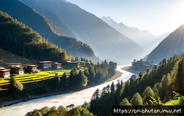 Home 29 부탄의 공기 질과 환경적 특성 - Photorealistic wide landscape of a pristine Bhutanese Himalayan valley at sunrise, snow-capped mount...