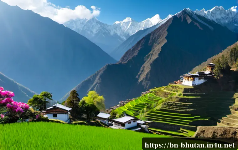 Home 16 부탄의 사계절 풍경 - Photorealistic Bhutanese mountain valley in spring and summer, traditional whitewashed farmhouse bes...