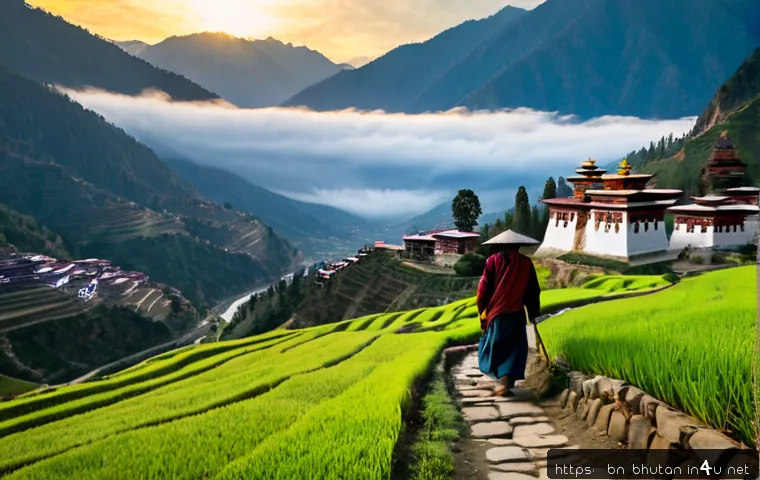 부탄을 배경으로 한 다큐멘터리 - Photorealistic documentary-style wide landscape of Bhutan’s Paro Valley at sunrise, a traditional wh...