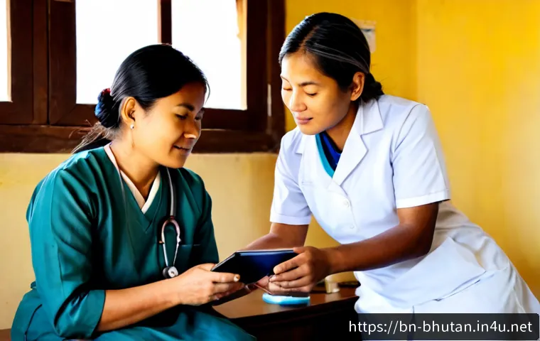 부탄의 건강 관리 시스템 - Photorealistic Bhutanese community health clinic, a compassionate local nurse in traditional Bhutane...