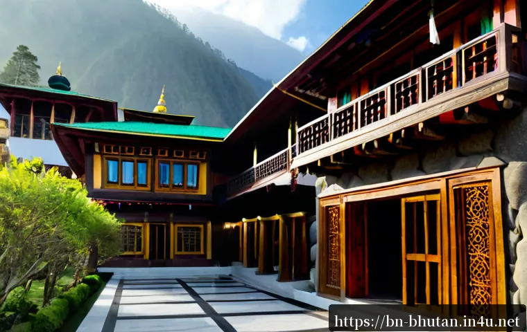 Home 17 부탄의 새로운 호텔 리뷰 - Photorealistic luxury boutique hotel newly opened in Bhutan, elegant traditional Bhutanese wood-carv...